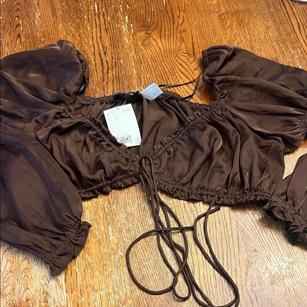 H&M Dark Brown Ruched Puff Sleeve Blouse